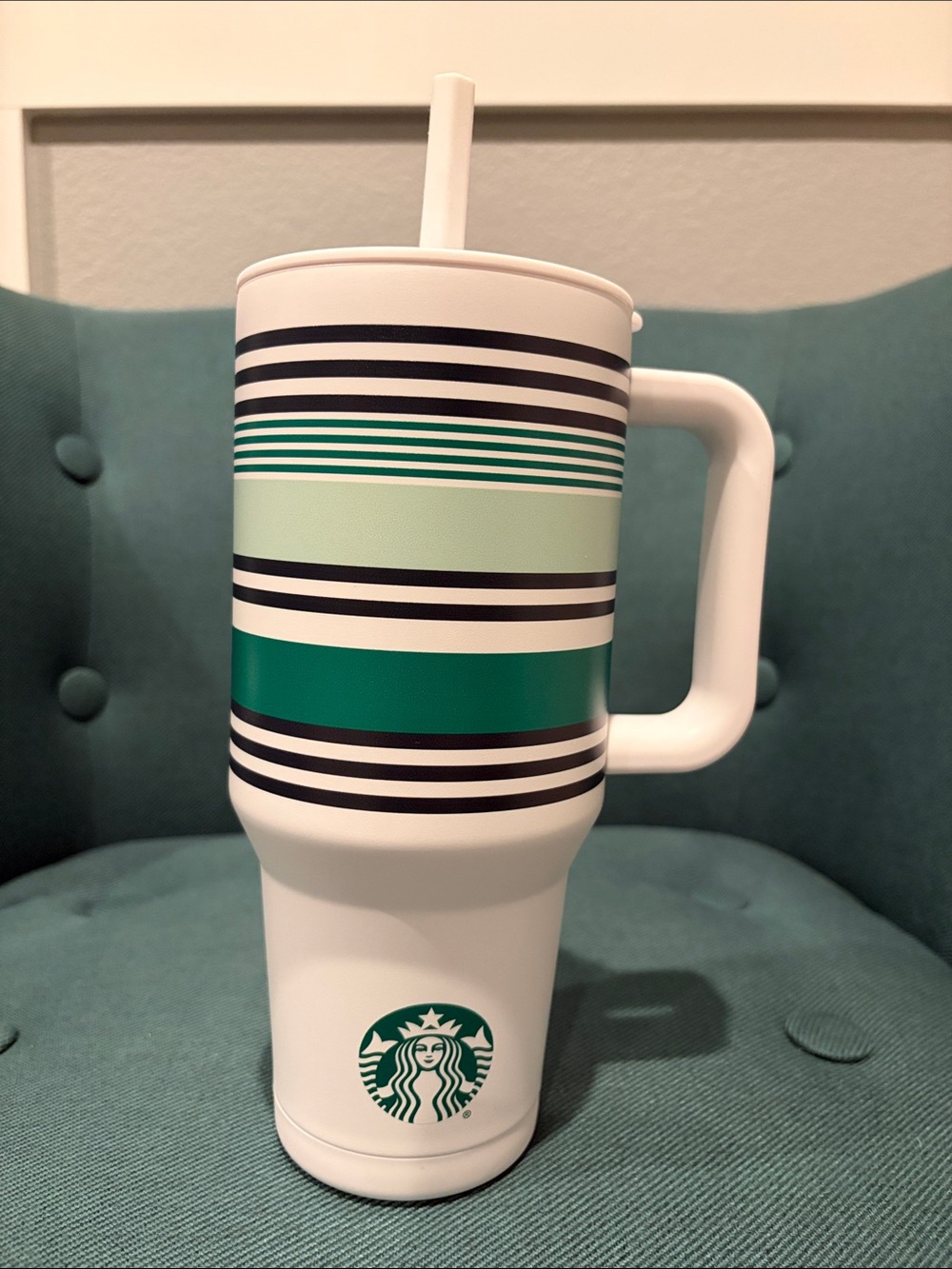 Brand new Starbucks White Tumbler with Green and Teal Stripe Handle & Straw